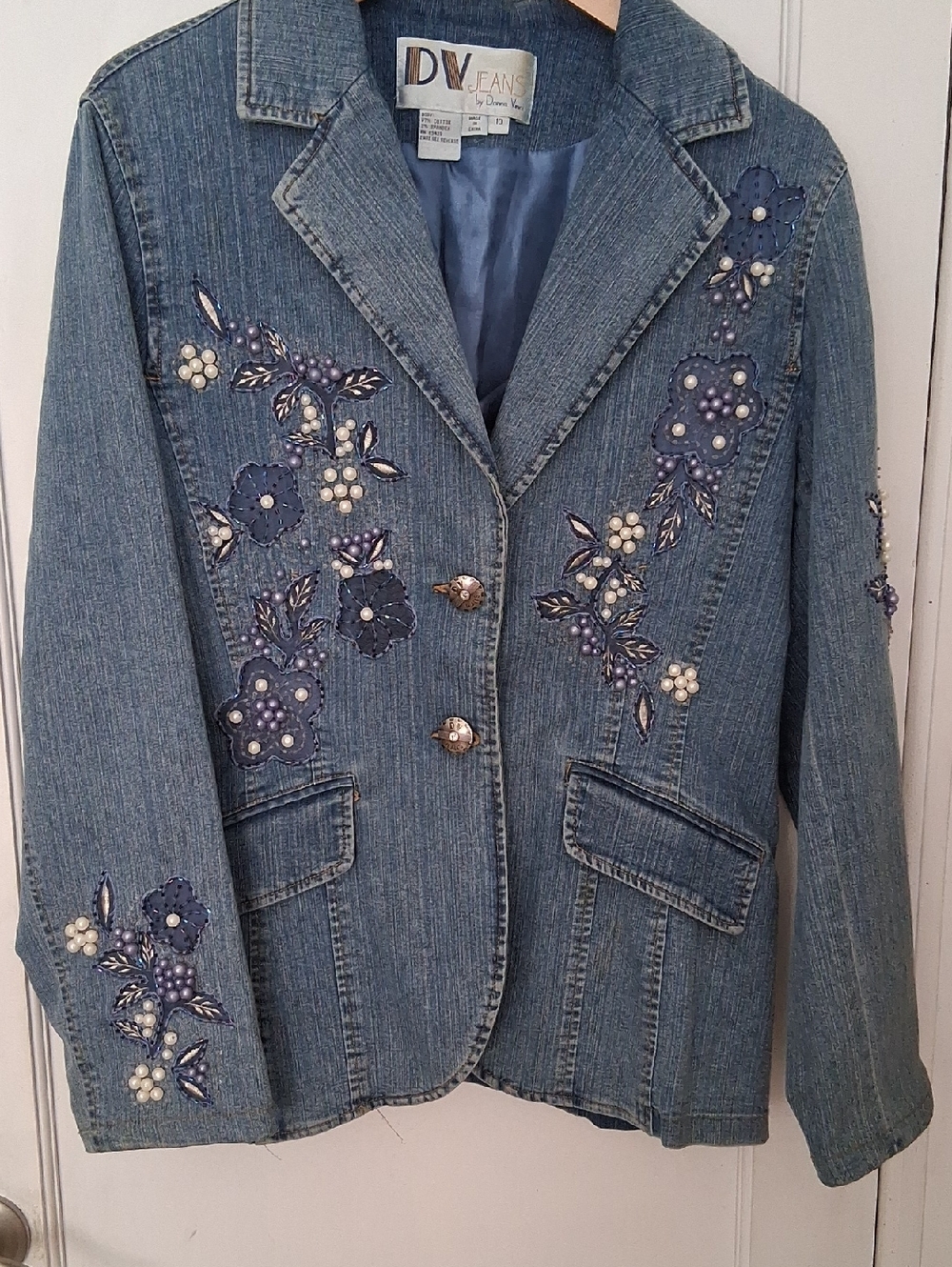 DV Jeans Donna Vinci Elegant Chic Embellished Blue Denim Blazer Jacket Lined 10